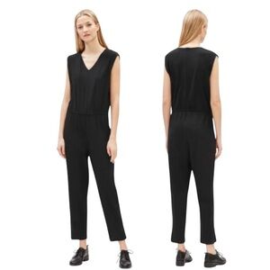 Eileen Fisher L Black V-Neck Washable Crepe Stretch Jersey Knit Pant Jumpsuit
